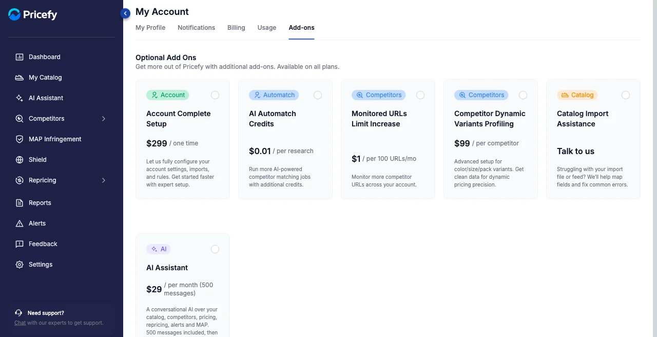 The Add-ons tab in My Account listing optional add-ons for the plan.