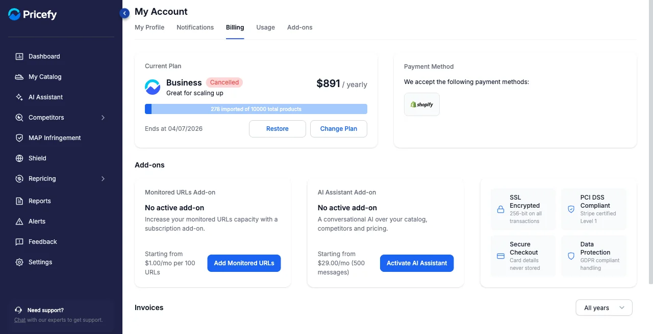 The Billing tab in My Account: current plan, payment method, add-ons and invoices.