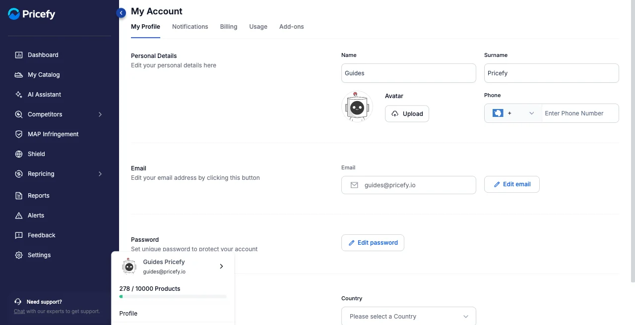 Opening My Account from the profile menu at the bottom of the Pricefy sidebar.