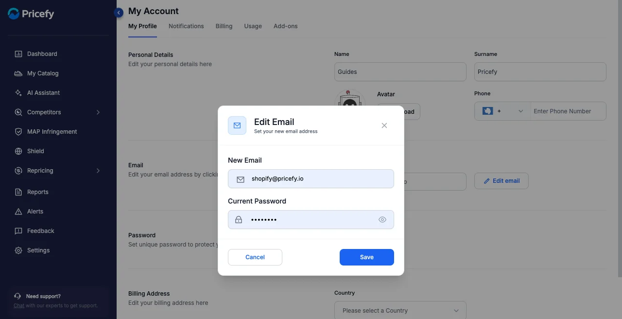 The Edit Email panel asking for a new email and the current password.