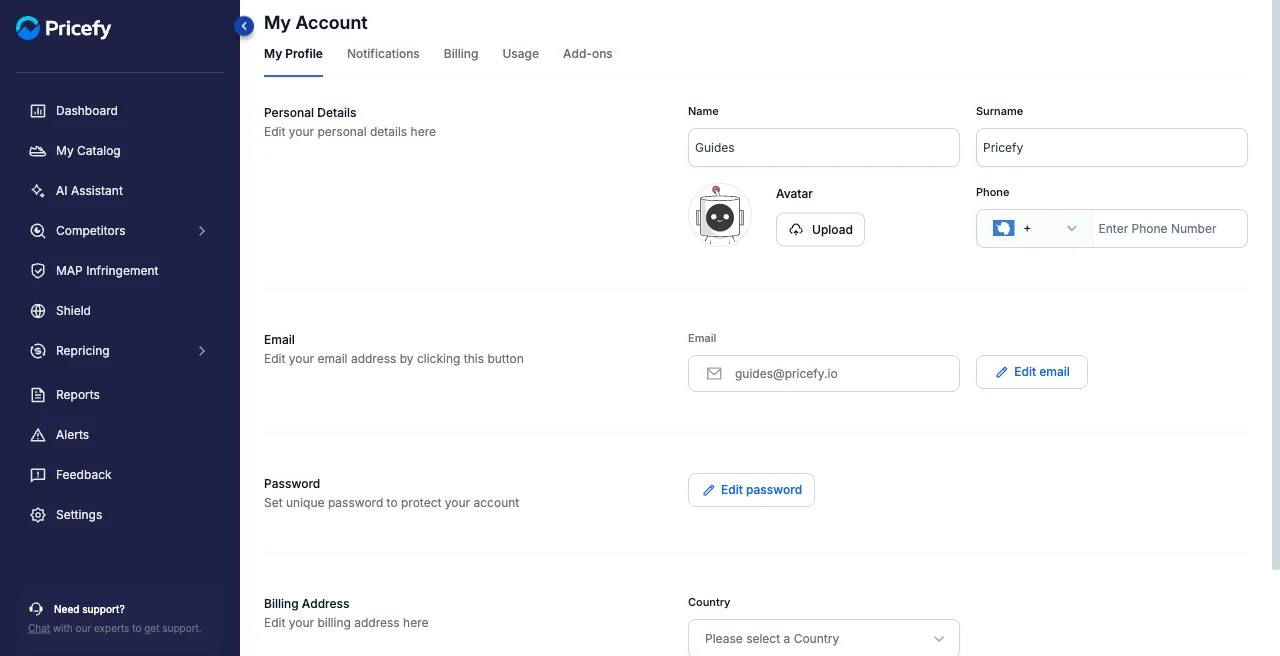 The My Profile tab in Pricefy with personal details, email and password.