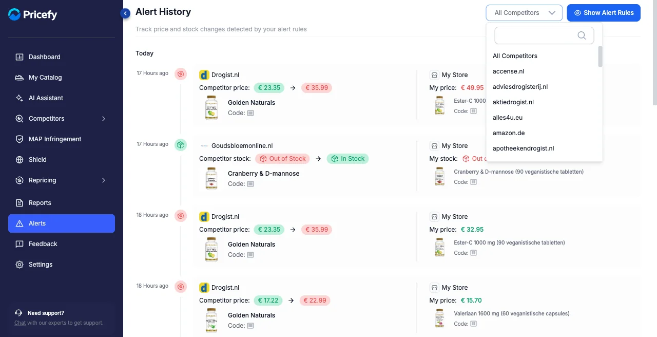 The competitor filter open on the Pricefy Alert History page.