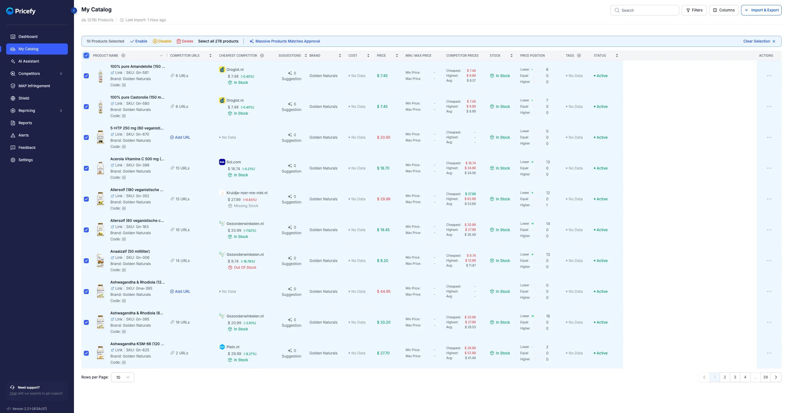 Selecting products in My Catalog shows a bulk bar with Enable, Disable and Delete actions.