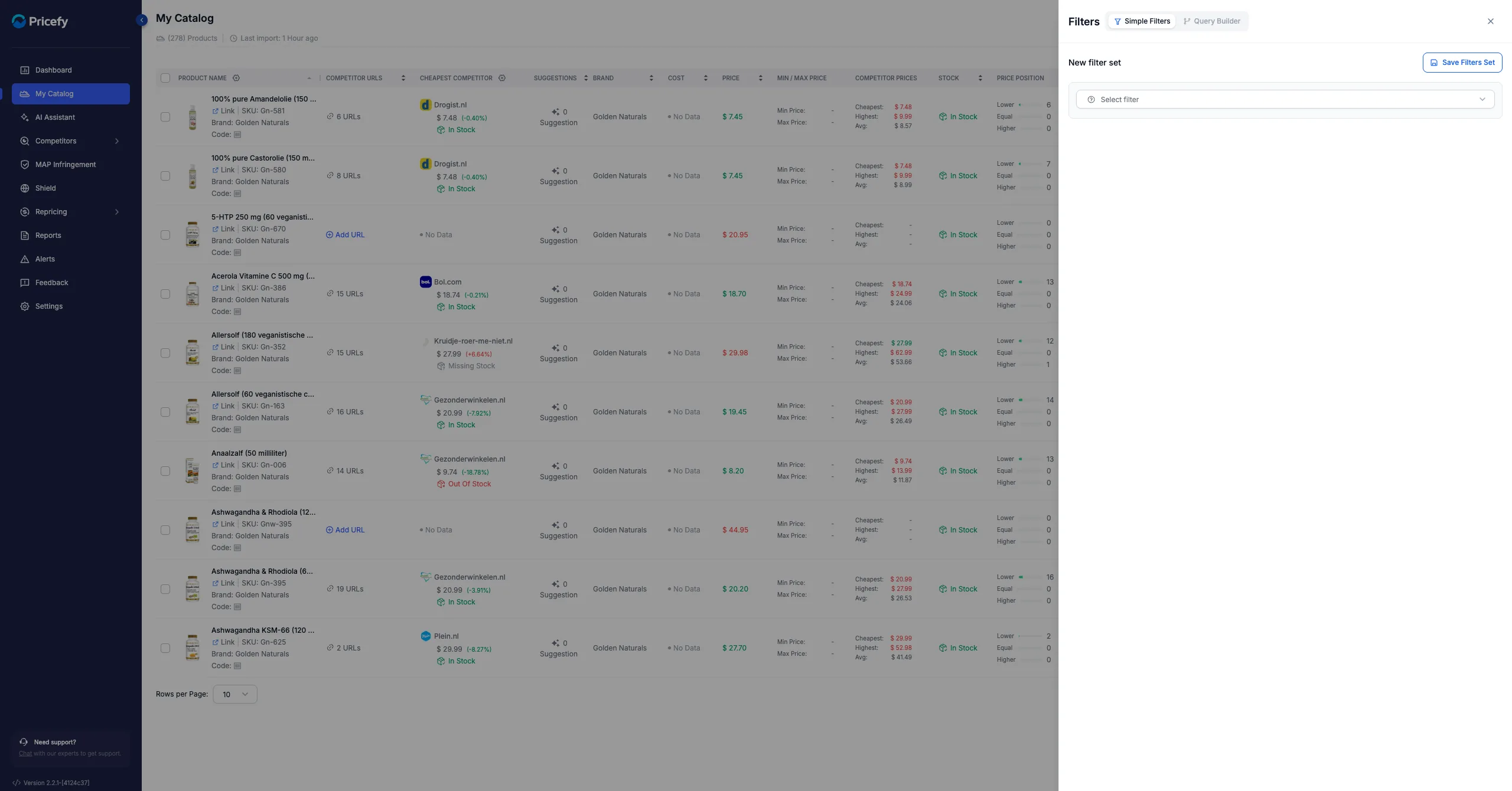 The My Catalog Filters drawer with Simple Filters and Query Builder tabs for building and saving filter sets.