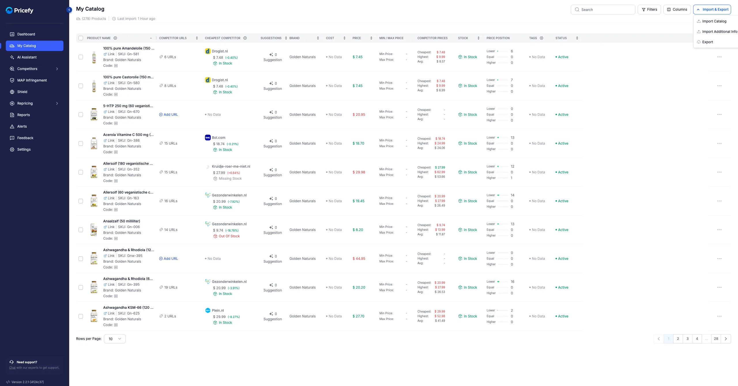 The Import & Export menu on My Catalog: Import Catalog, Import Additional Info and Export.