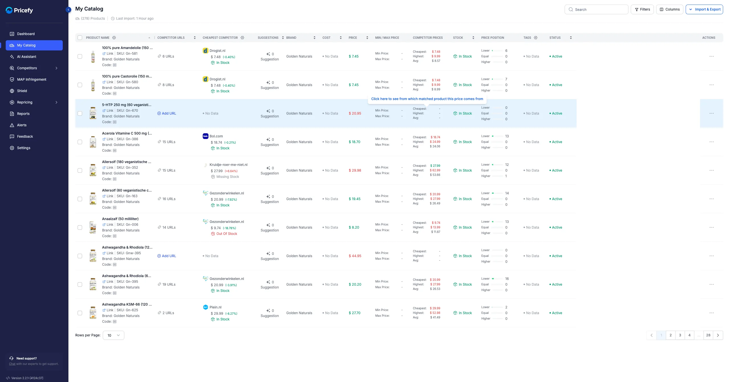 The My Catalog page — a table of products with competitor prices, cost, price, stock and status, plus Search, Filters, Columns and Import & Export.
