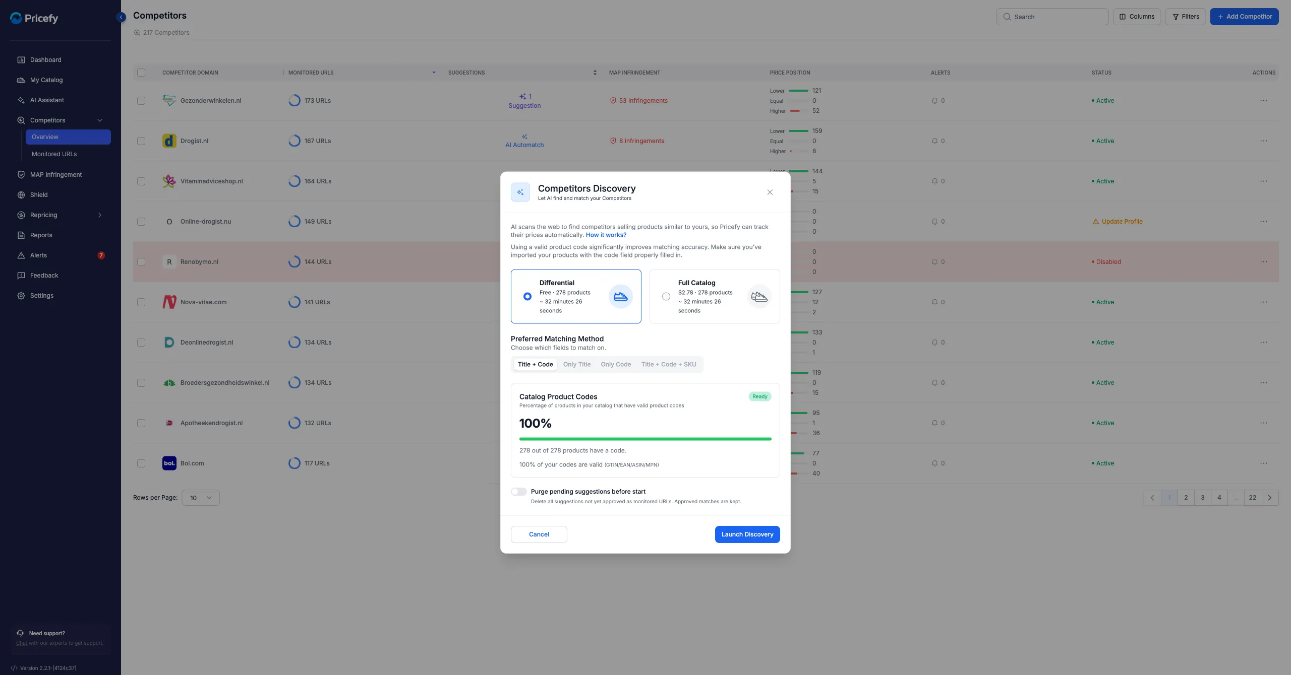 The Competitors Discovery window: choose Differential or Full Catalog, a preferred matching method, check your product-code coverage, then Launch Discovery.