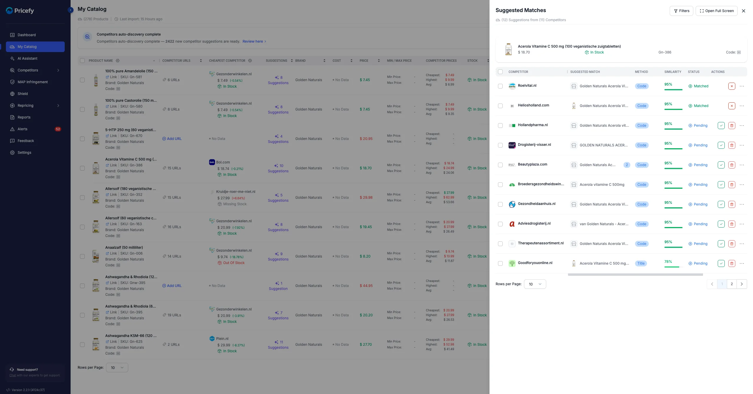 The Suggested Matches panel: each row shows a competitor's product, the matching method and a similarity score, with Approve and Delete actions.