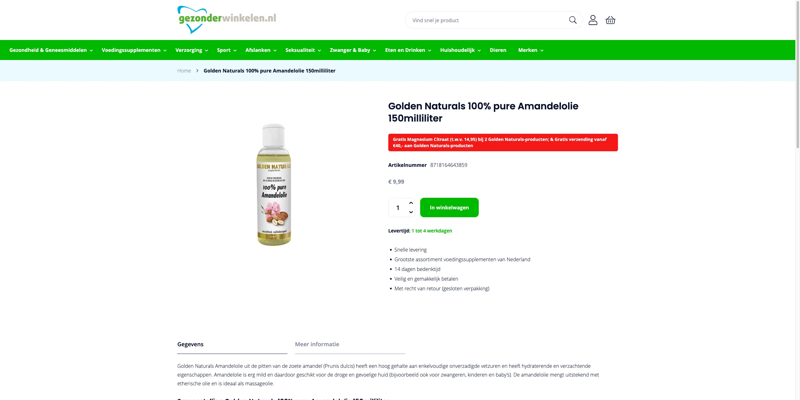 A competitor's product page (Gezonderwinkelen.nl) showing the price Pricefy reads — here € 9,99.