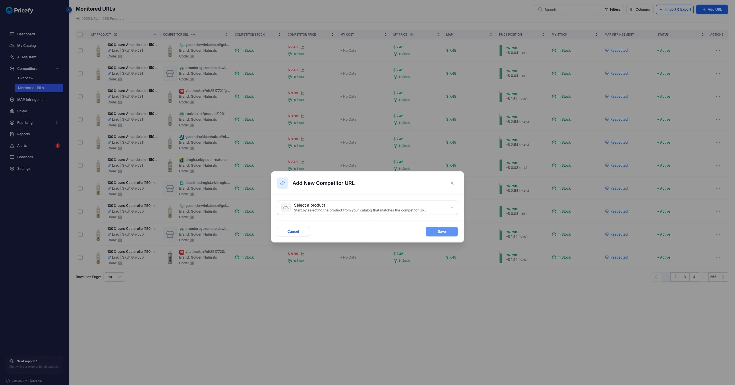 The Add New Competitor URL window: select the matching product from your catalog, then paste the competitor's product URL.