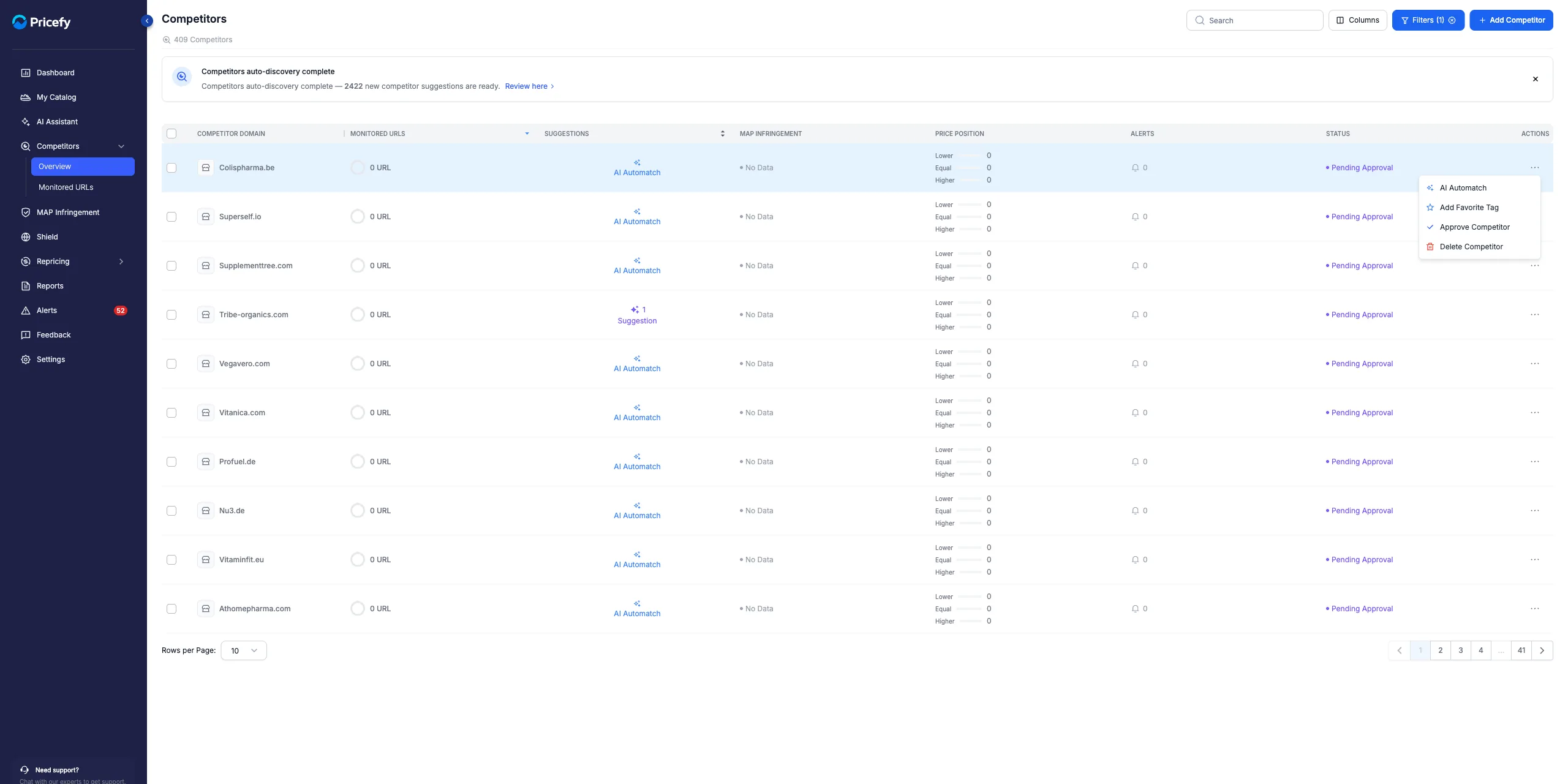 A Pending Approval competitor's Actions menu with Approve Competitor and Delete Competitor.