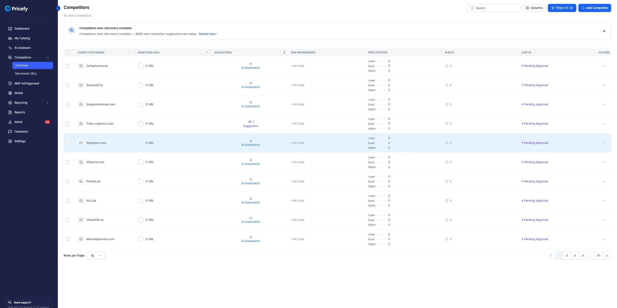 The Competitors page filtered to Pending Approval, showing the discovered competitors waiting to be reviewed.