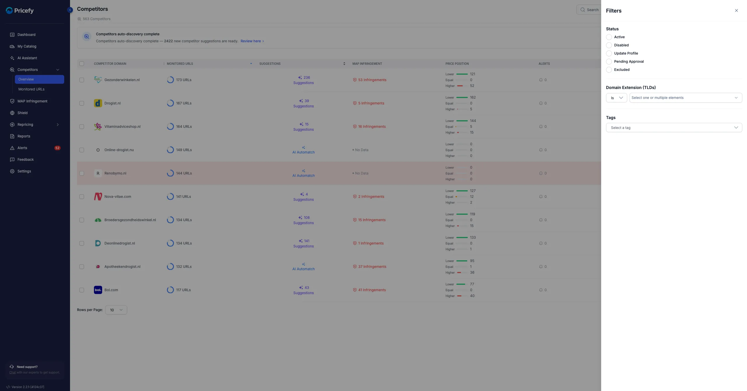 The Competitors Filters drawer with the Status options, including Excluded, used to list competitors you have excluded.