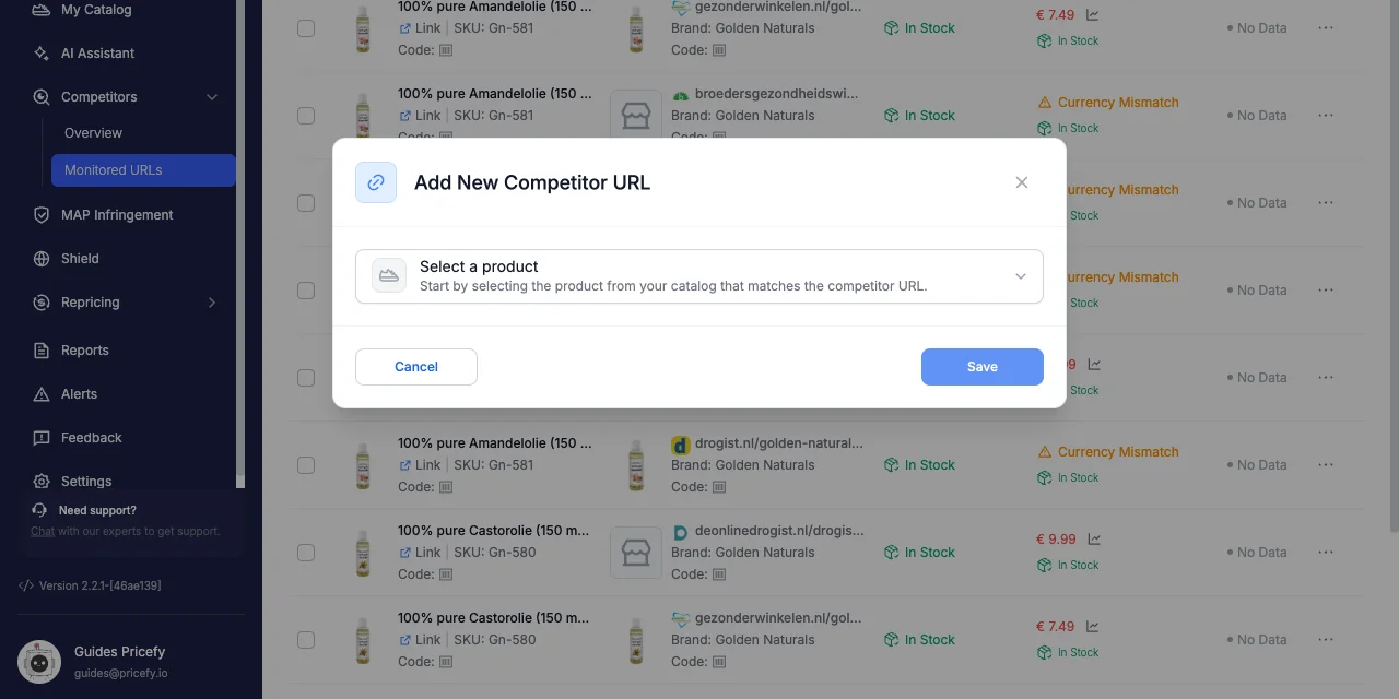 The Add New Competitor URL modal in Pricefy, selecting a product to attach another competitor URL