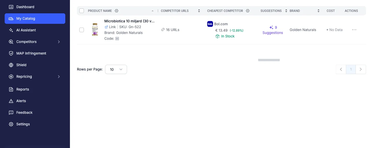 A single product (SKU) in Pricefy showing 16 monitored competitor URLs in the Competitor URLs column