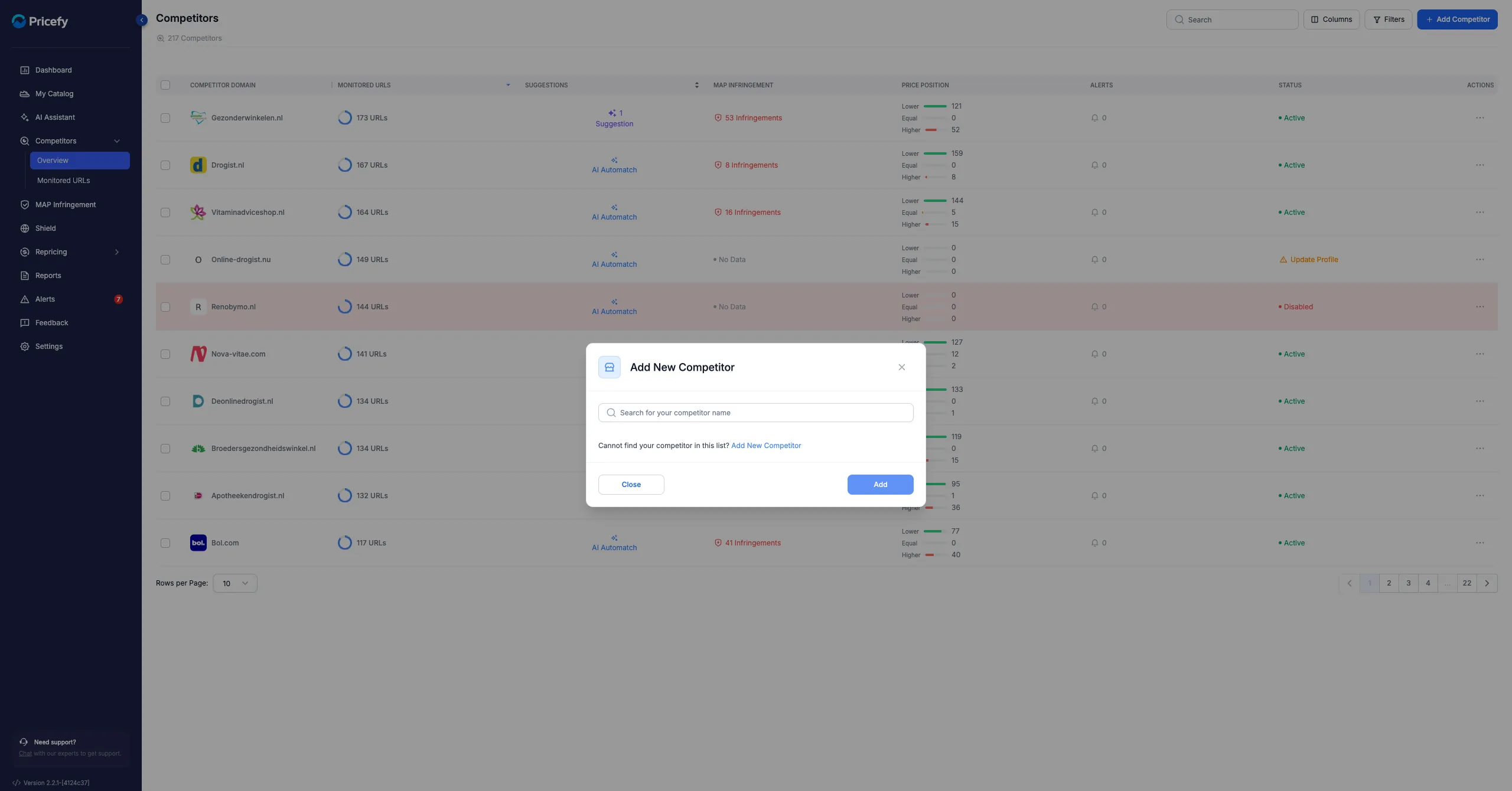 The Add New Competitor window, where you search Pricefy's competitor list by name.