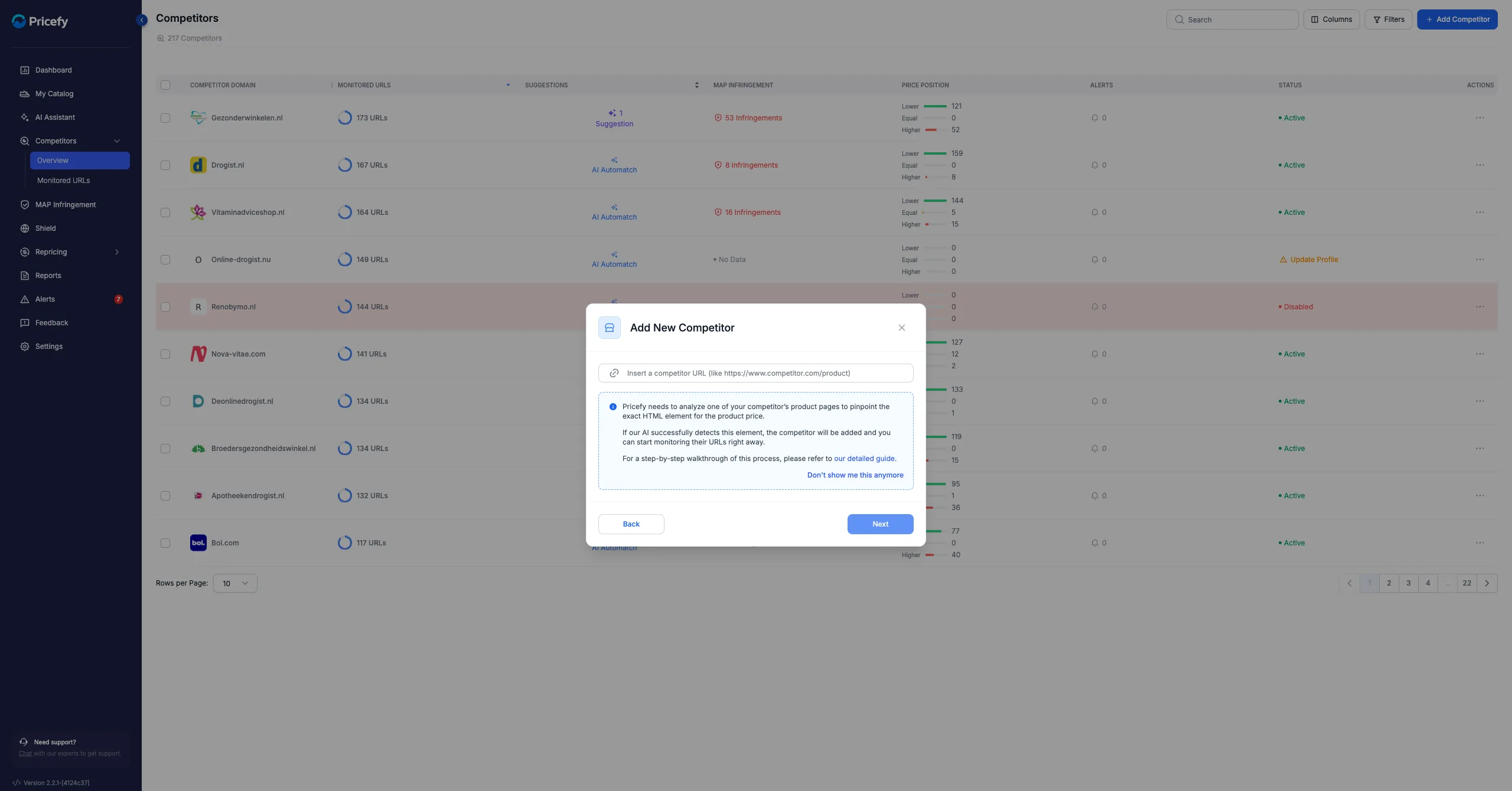 The Add New Competitor step where you paste a competitor's product URL for Pricefy's AI to analyse.