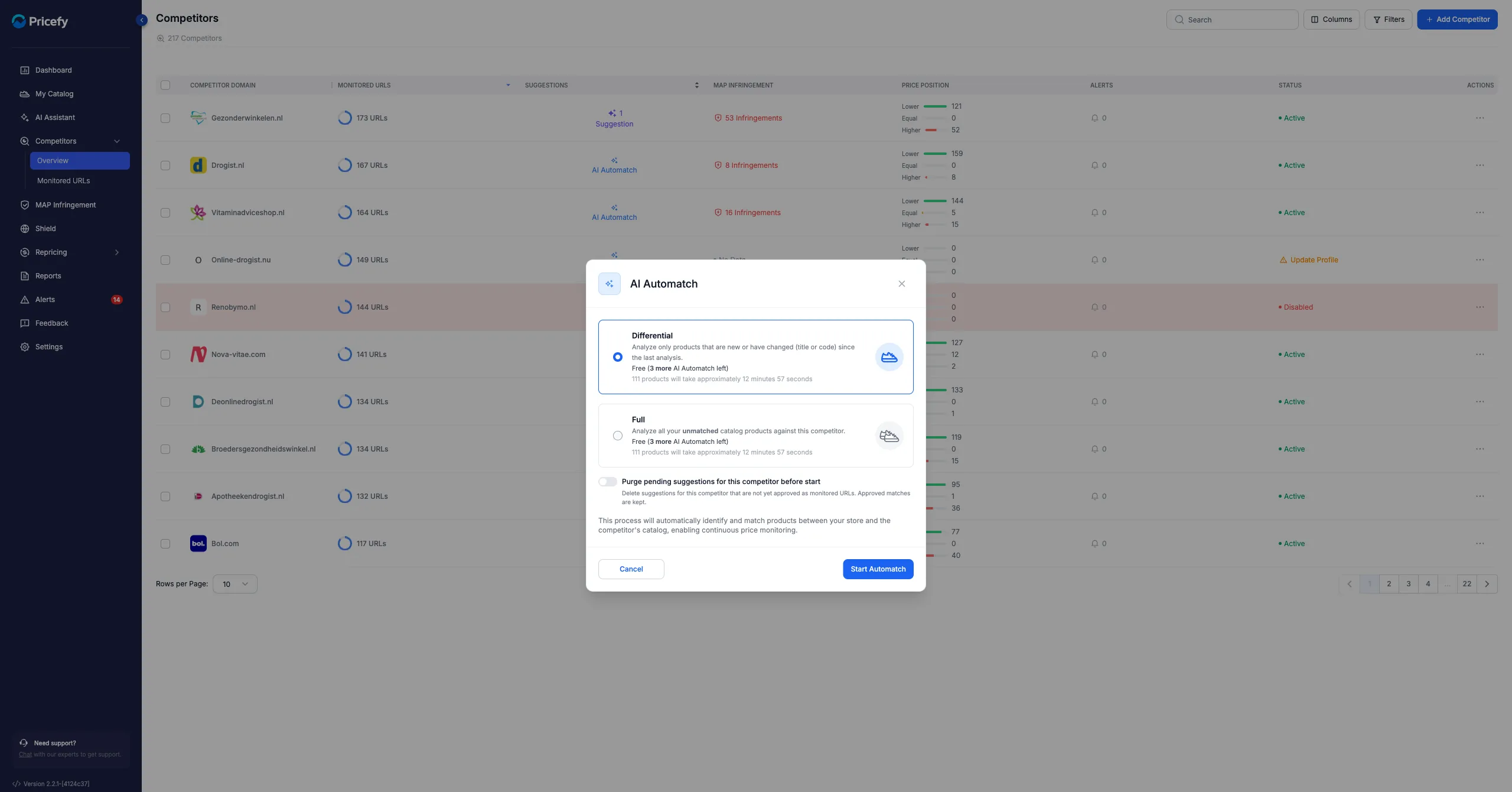 The AI Automatch window: choose Differential (only new or changed products) or Full (all unmatched products), then Start Automatch.