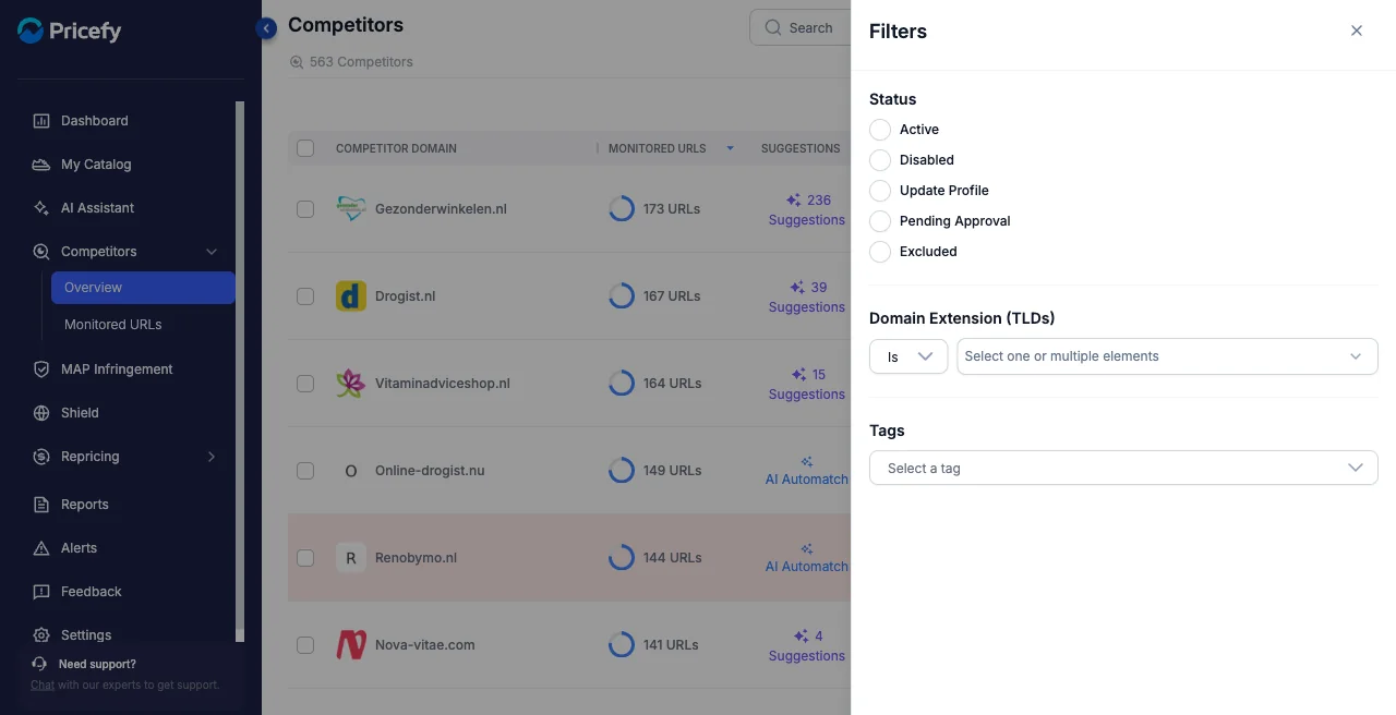 The Filters panel for the Competitors Overview with Status, Domain Extension and Tags.