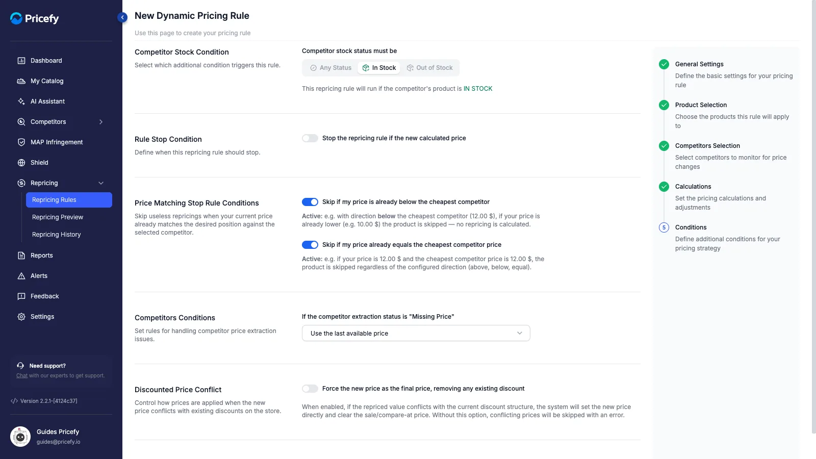 Conditions — Competitor stock condition: Any Status / In Stock / Out of Stock