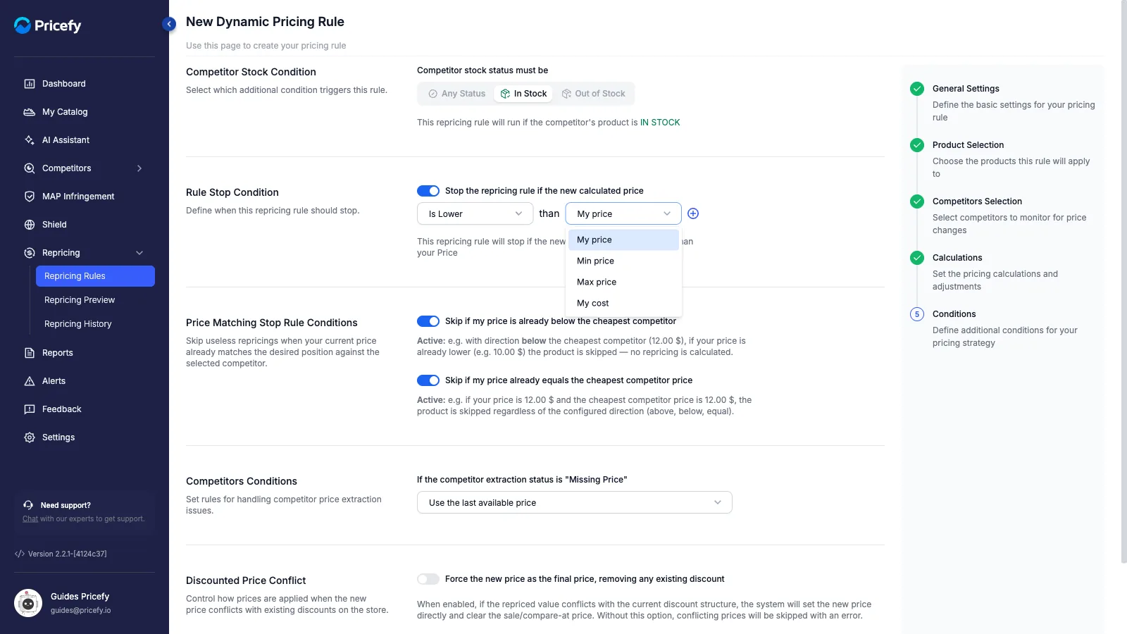 Stop Condition — the reference price: My price / Min / Max / My cost
