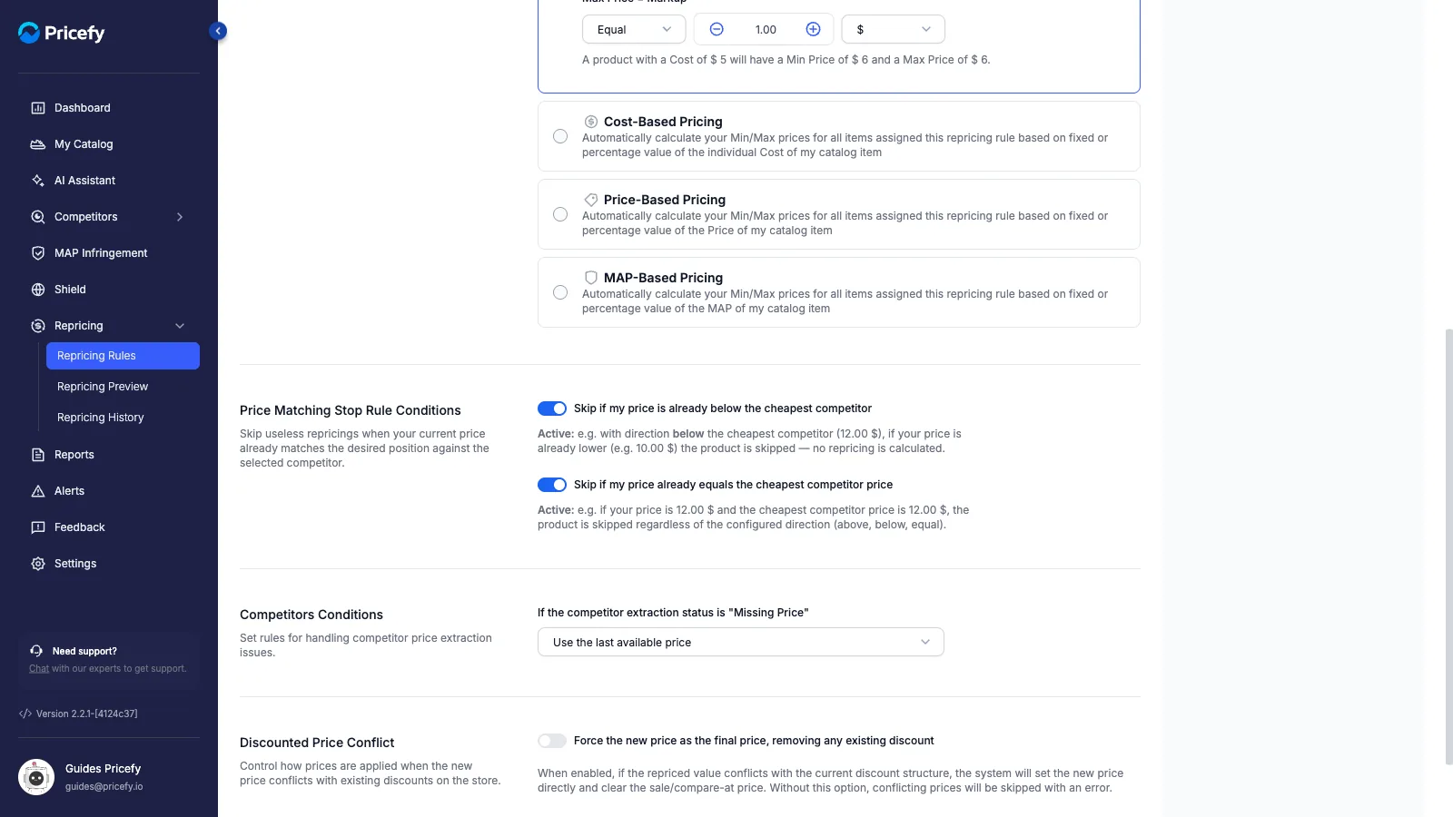 Price-matching skip switches, both active, with their explanations