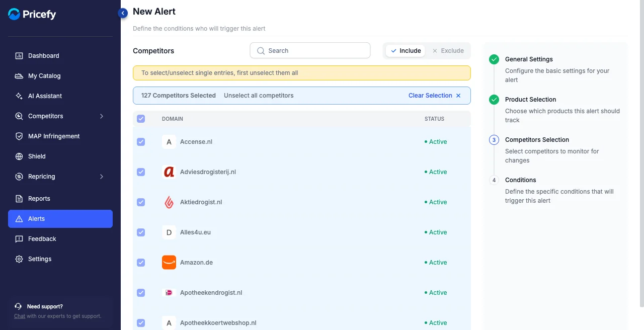 Step 3 of the alert builder, selecting competitors to monitor.