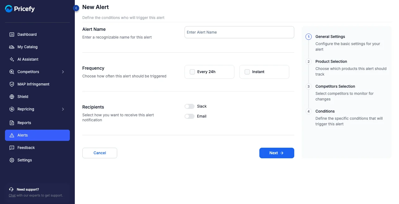 Step 1 of the Pricefy alert builder, General Settings.