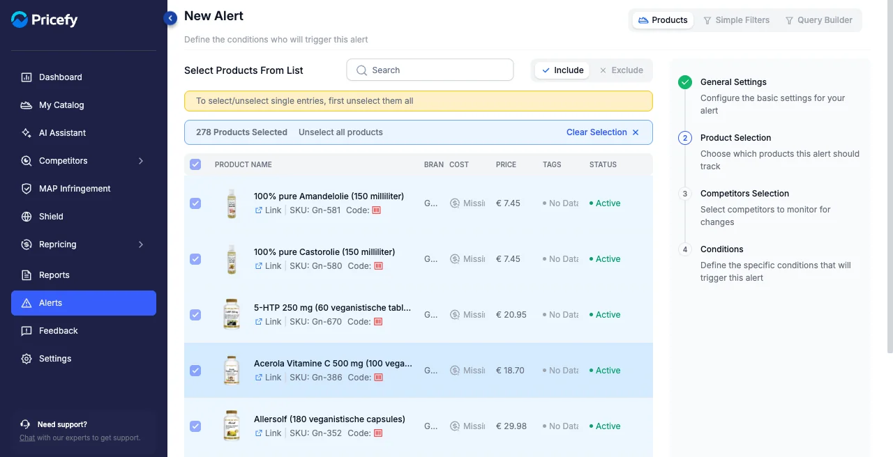Step 2 of the alert builder, choosing which products to watch.