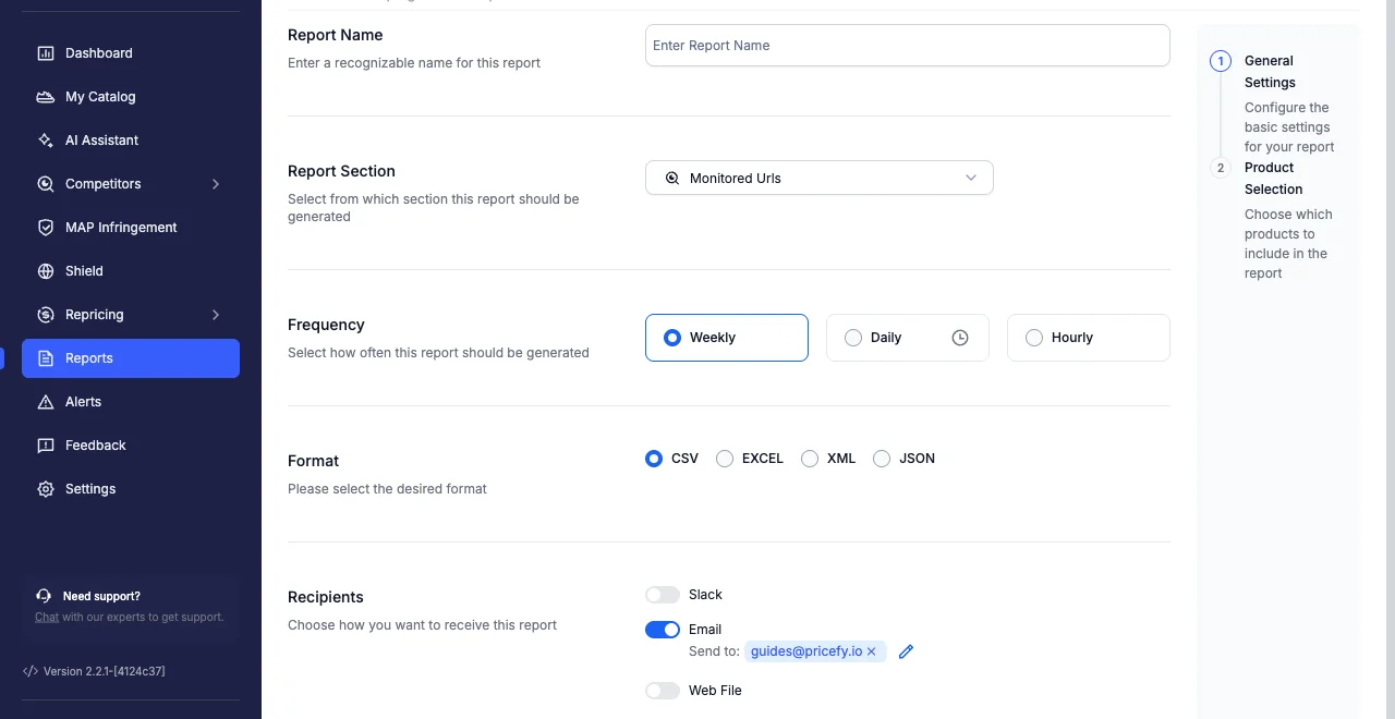 Step 1 of the Pricefy report builder, General Settings, where you create a report.