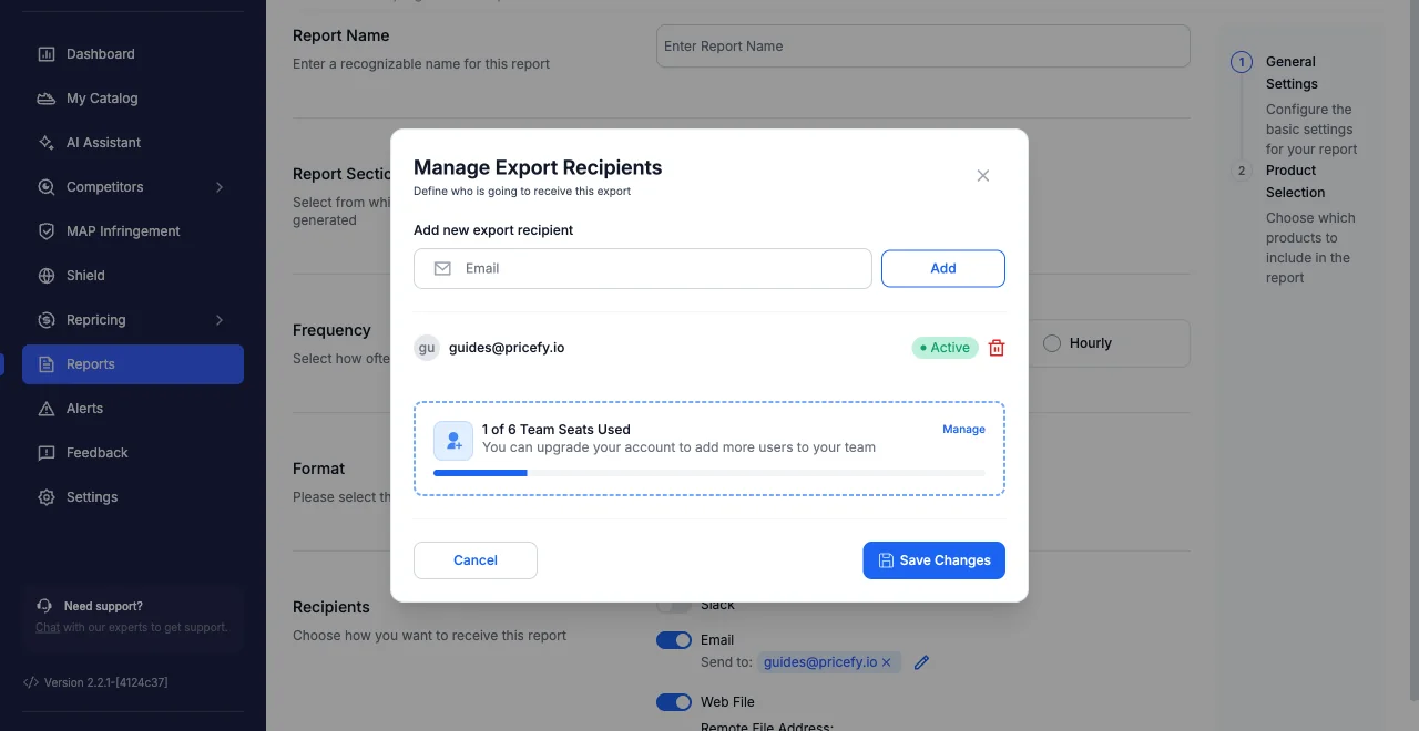 The Manage Export Recipients window for adding or removing report recipients.