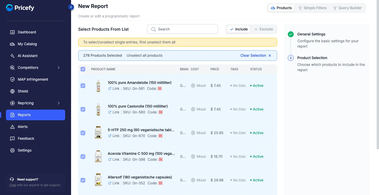 Step 2 of the Pricefy report builder, selecting which products to include from the list.