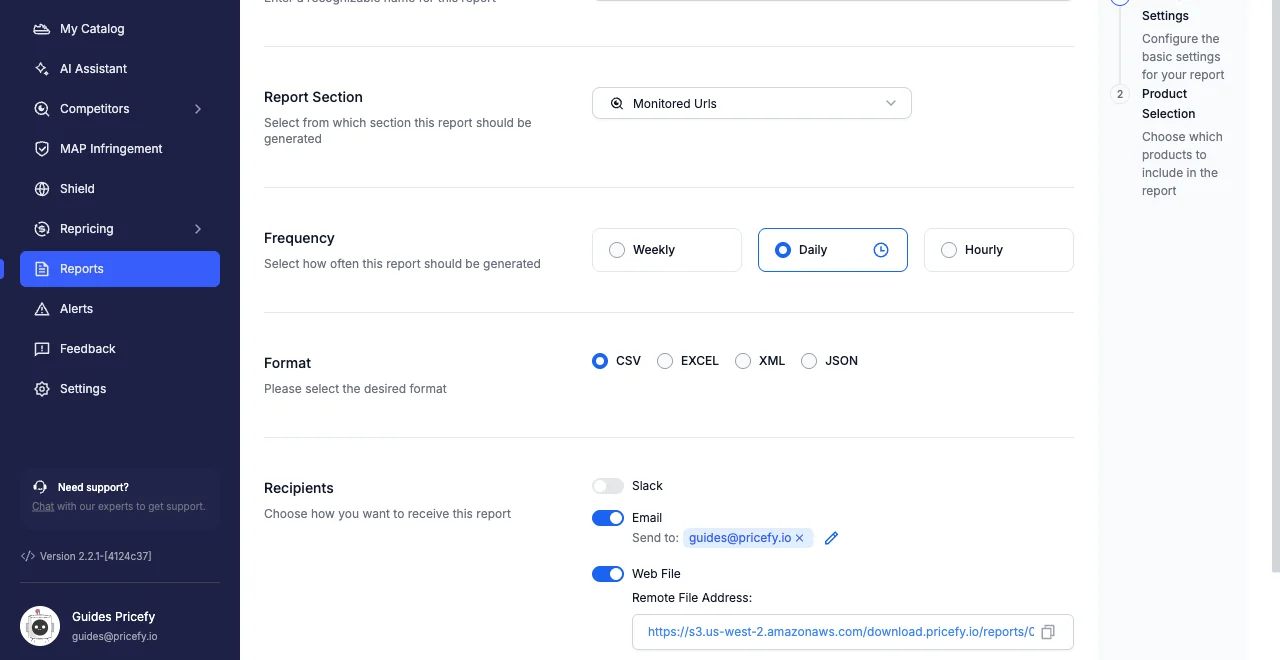 Report recipients with Email and Web File enabled and the remote file address shown.