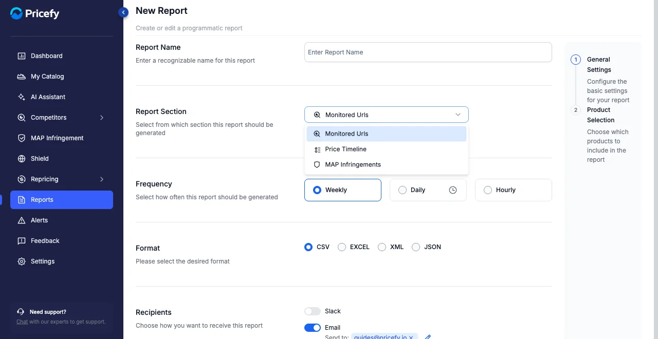 The Report Section dropdown showing Monitored Urls, Price Timeline and MAP Infringements.