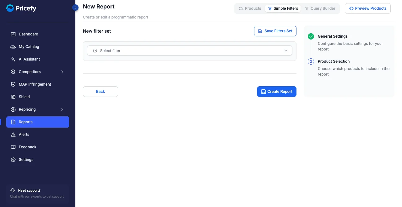 The Simple Filters tab for building a saved filter set for a Pricefy report.