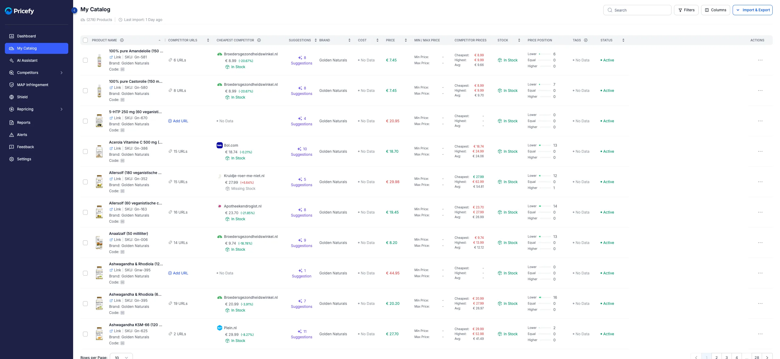 My Catalog page with the Filters button in the top toolbar, next to Search, Columns and Import & Export.