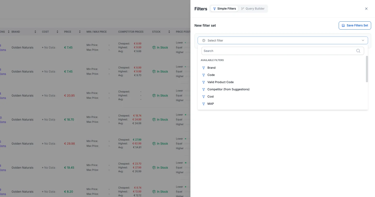 Simple Filters panel in My Catalog with the Select filter dropdown open, listing fields like Brand, Code, Cost and MAP.