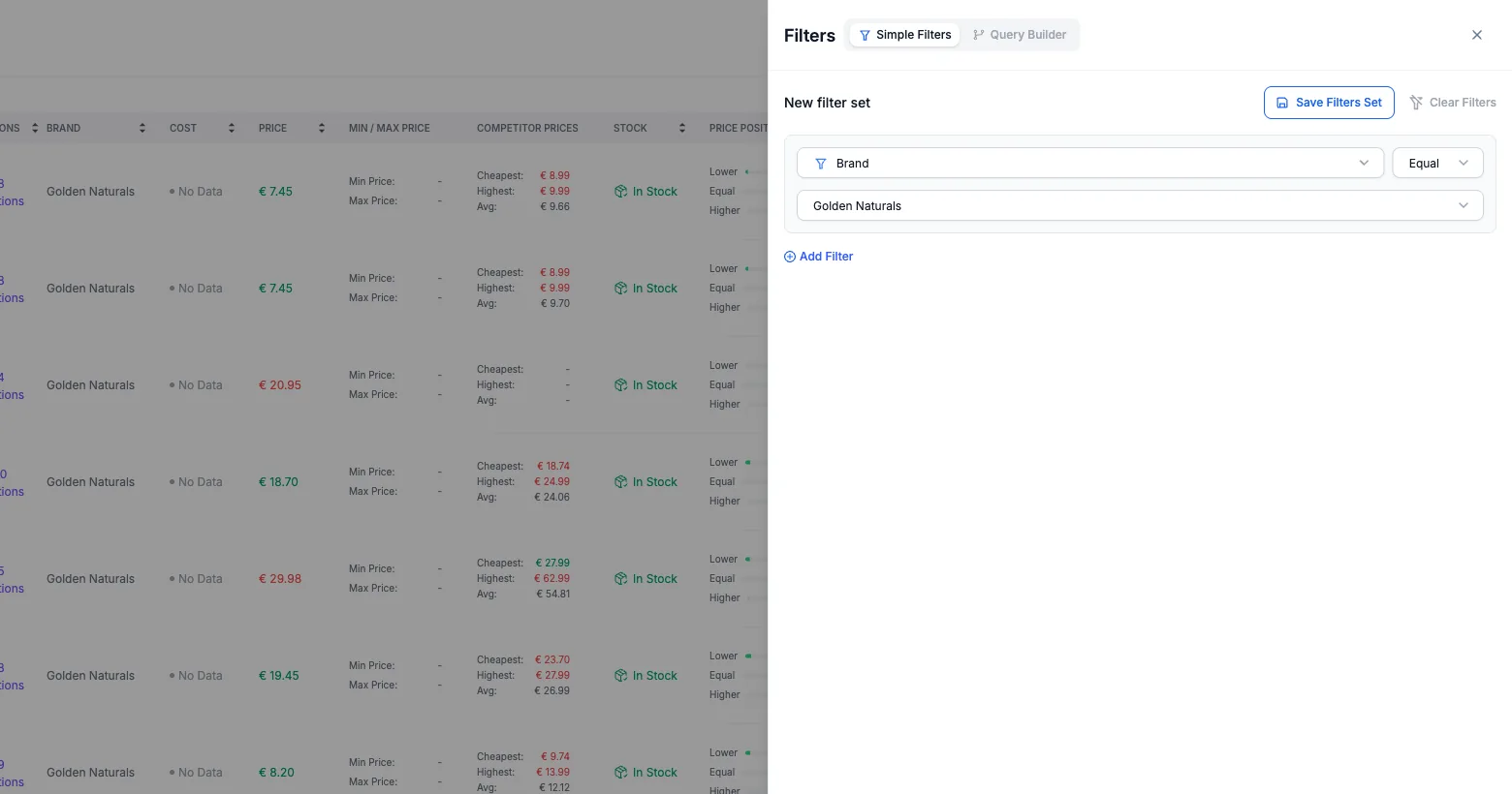 A Simple Filter built in My Catalog: Brand equals Golden Naturals, with Add Filter and Save Filters Set.