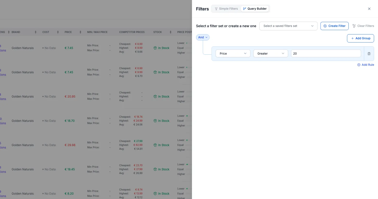 The Query Builder in My Catalog with an And condition and a Price greater than 20 rule, plus Add Group and Add Rule.