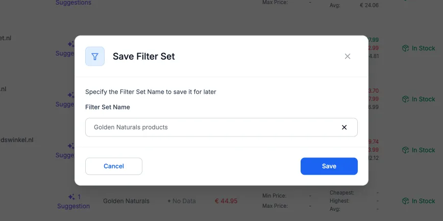 Save Filter Set dialog in My Catalog, naming a custom filter set so it can be reused later.