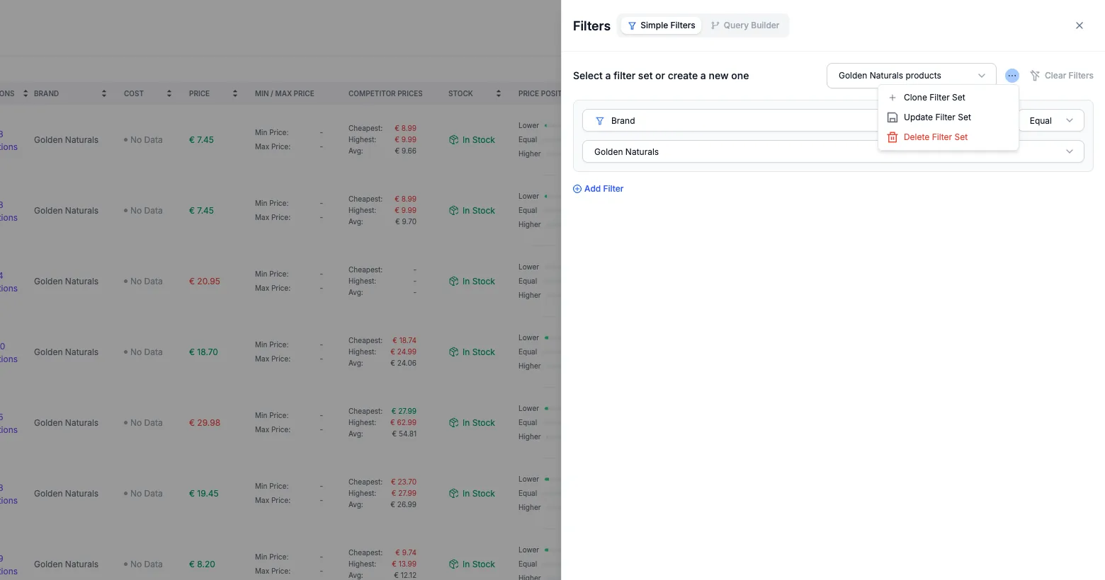 Saved filter set actions menu in My Catalog: Clone Filter Set, Update Filter Set and Delete Filter Set.