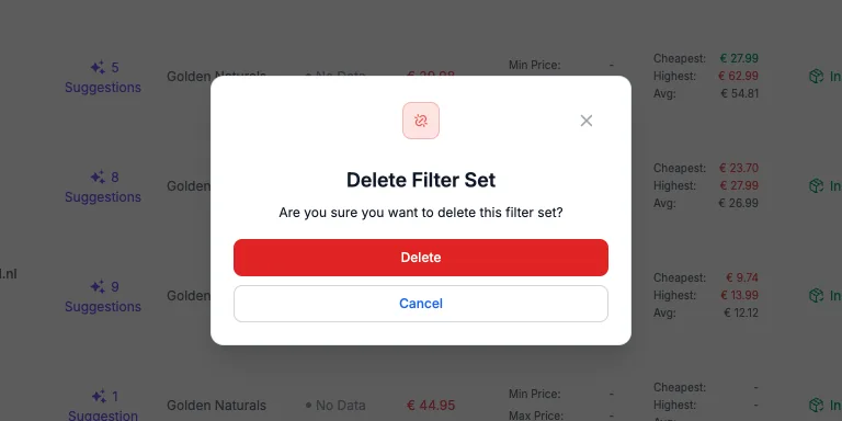 Delete Filter Set confirmation dialog in My Catalog asking to confirm removing a saved filter set.