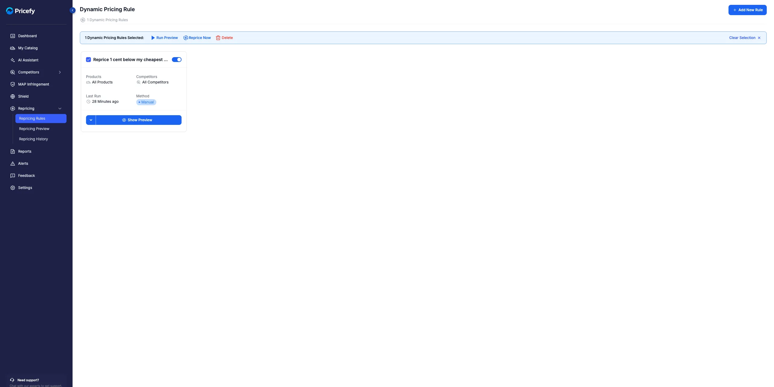 Selecting rules shows a bulk actions bar with Run Preview, Reprice Now and Delete.