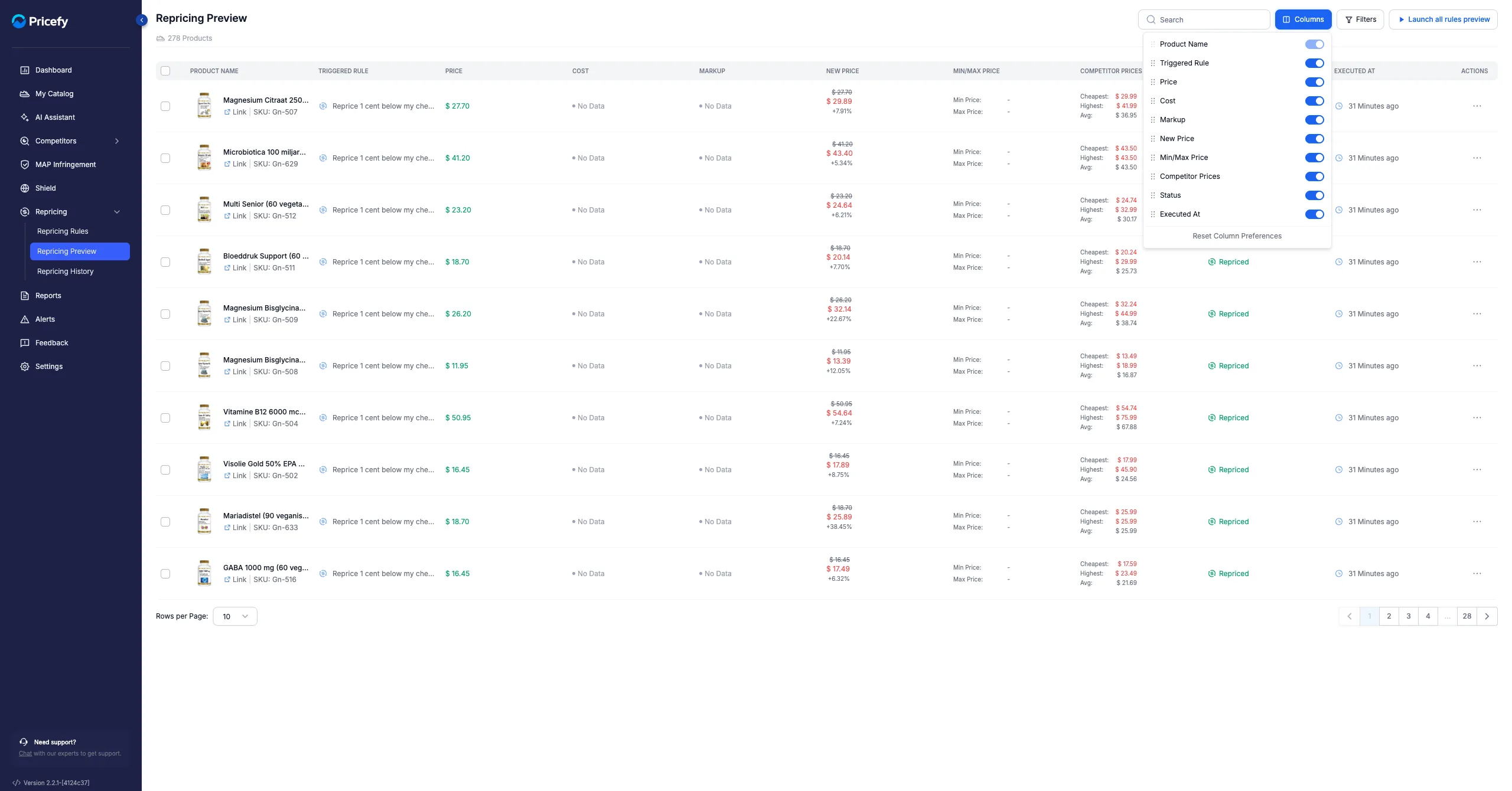 The Columns control on Repricing Preview, used to show, hide or reorder table columns.