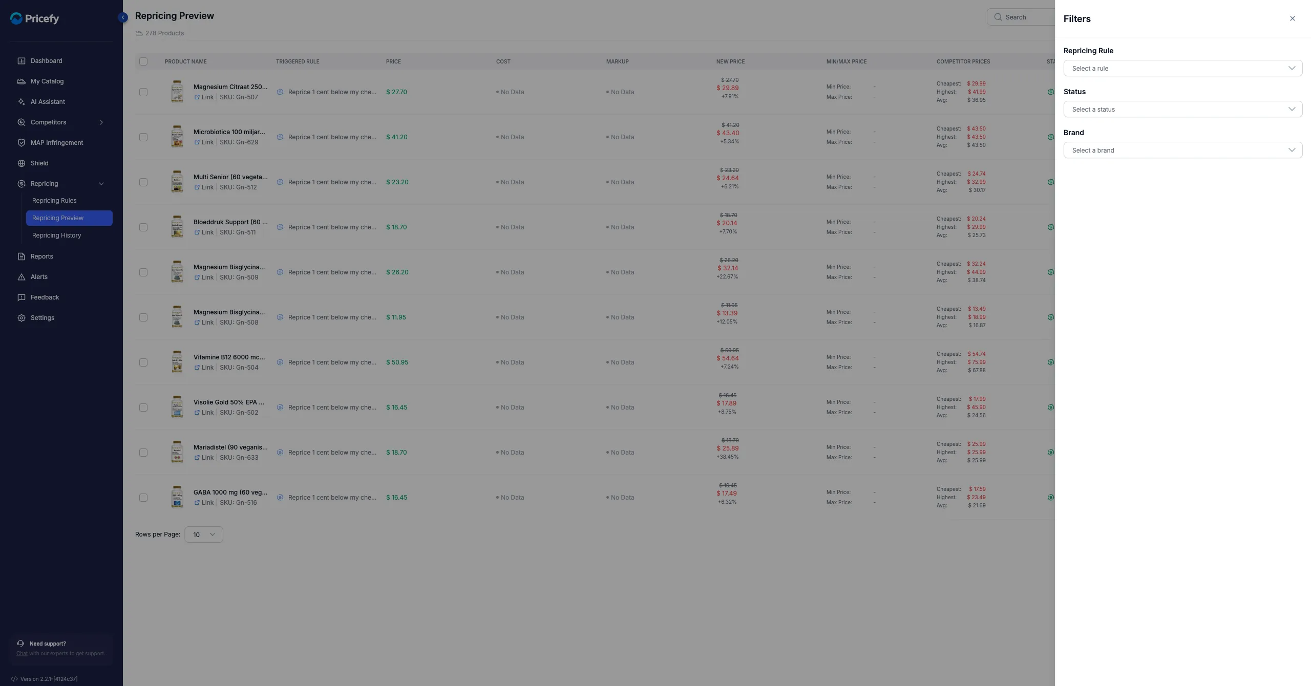 The Repricing Preview Filters drawer: filter by Repricing Rule, Status or Brand, then Apply Filter.