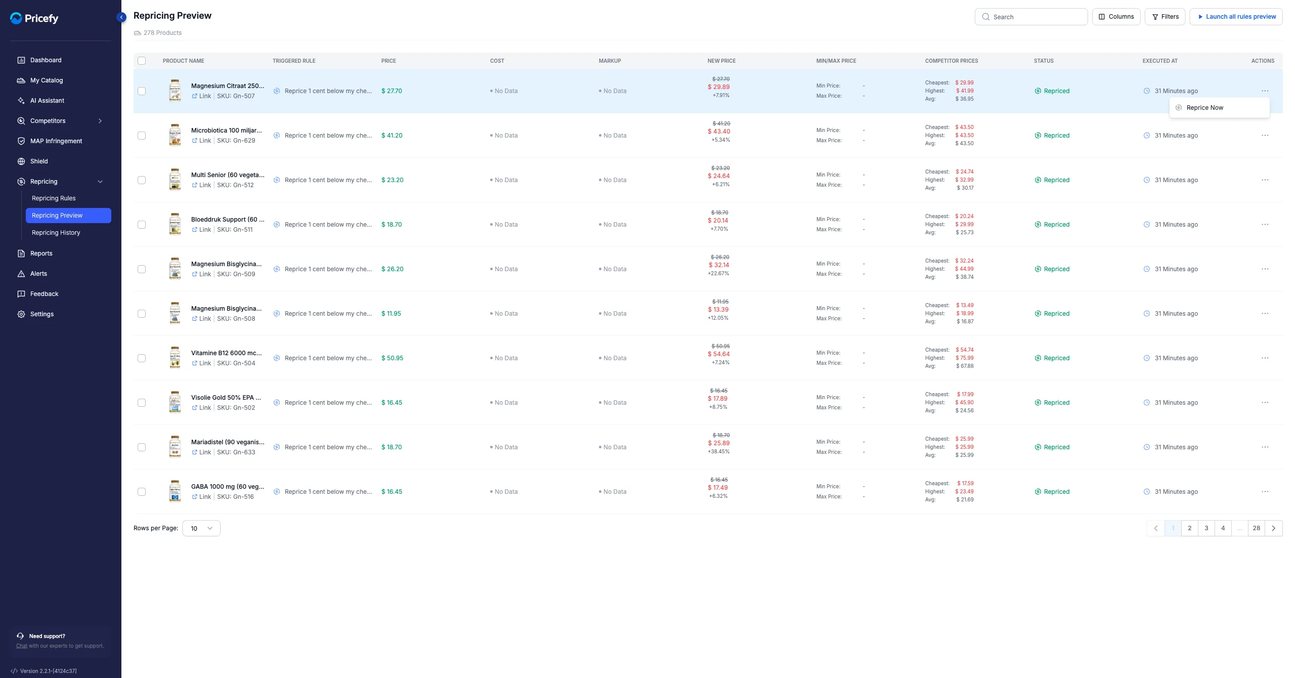 A product row's actions menu on Repricing Preview with the Reprice Now action.