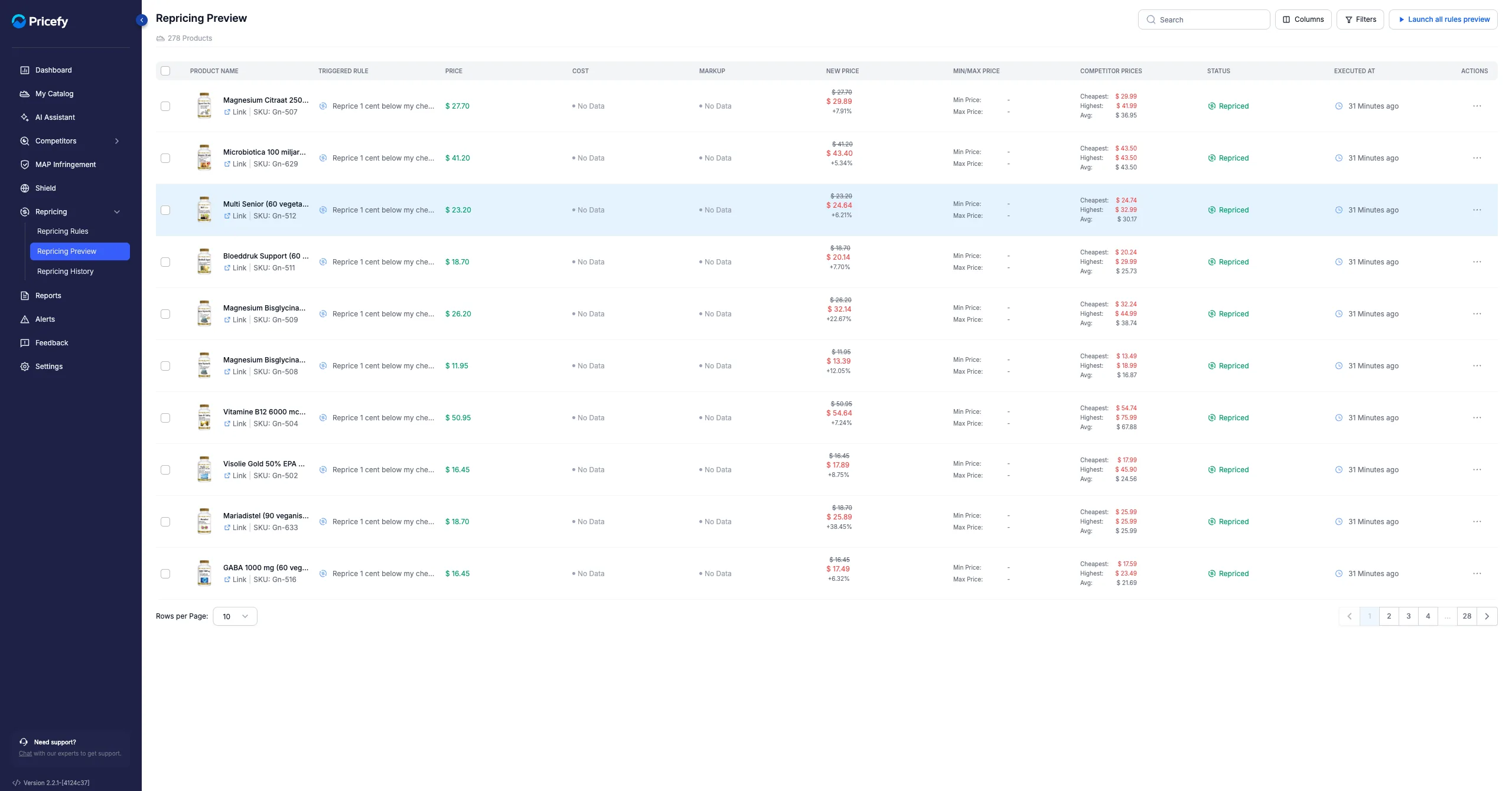 The Repricing Preview table — one row per product with its current price, suggested New Price, competitor prices and status.