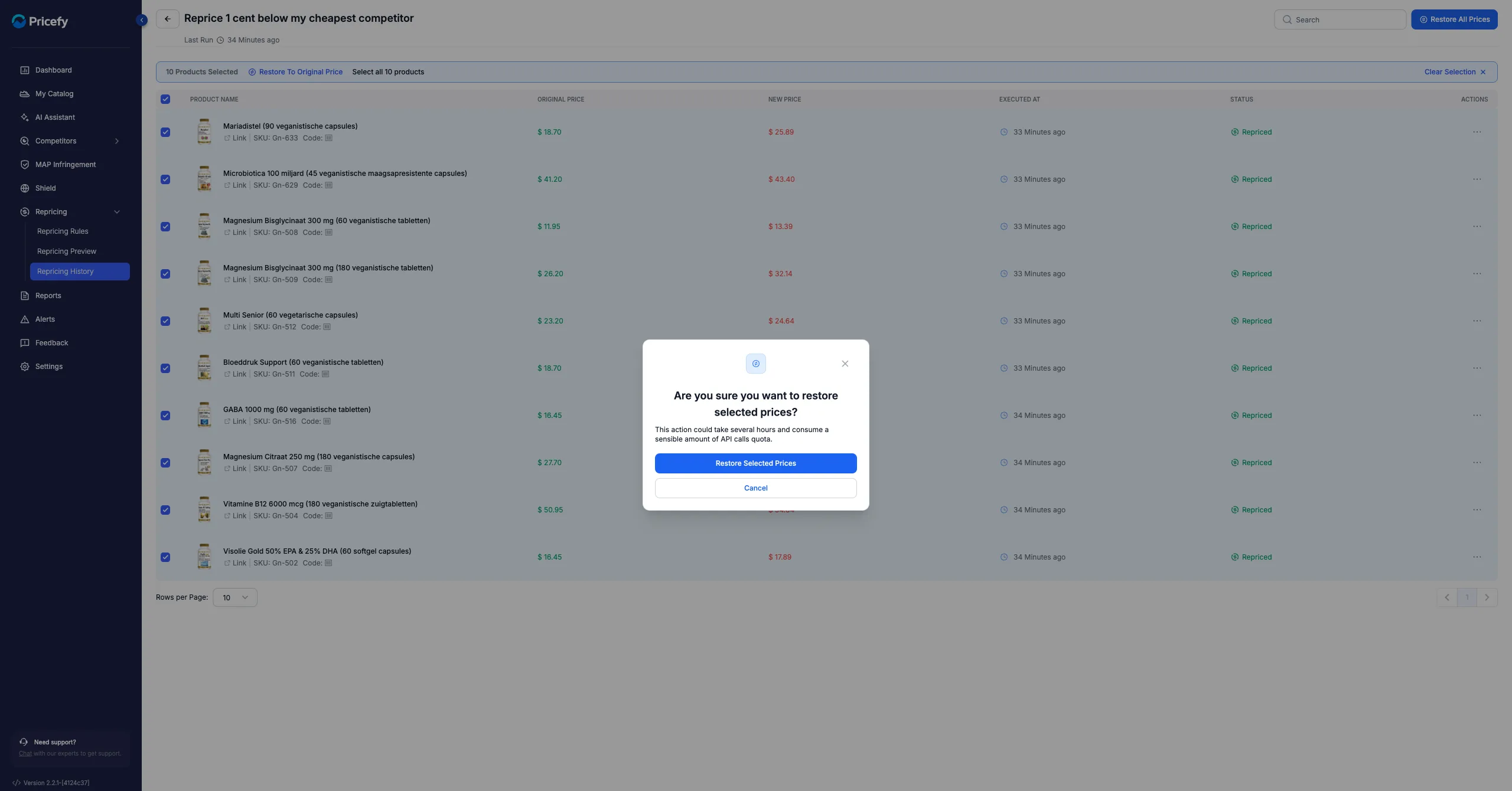 The restore confirmation dialog, warning that the action can take time and use API-call quota.