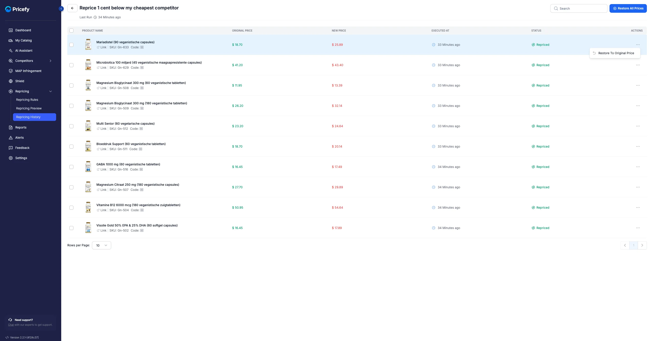 A product row's actions menu with Restore To Original Price.