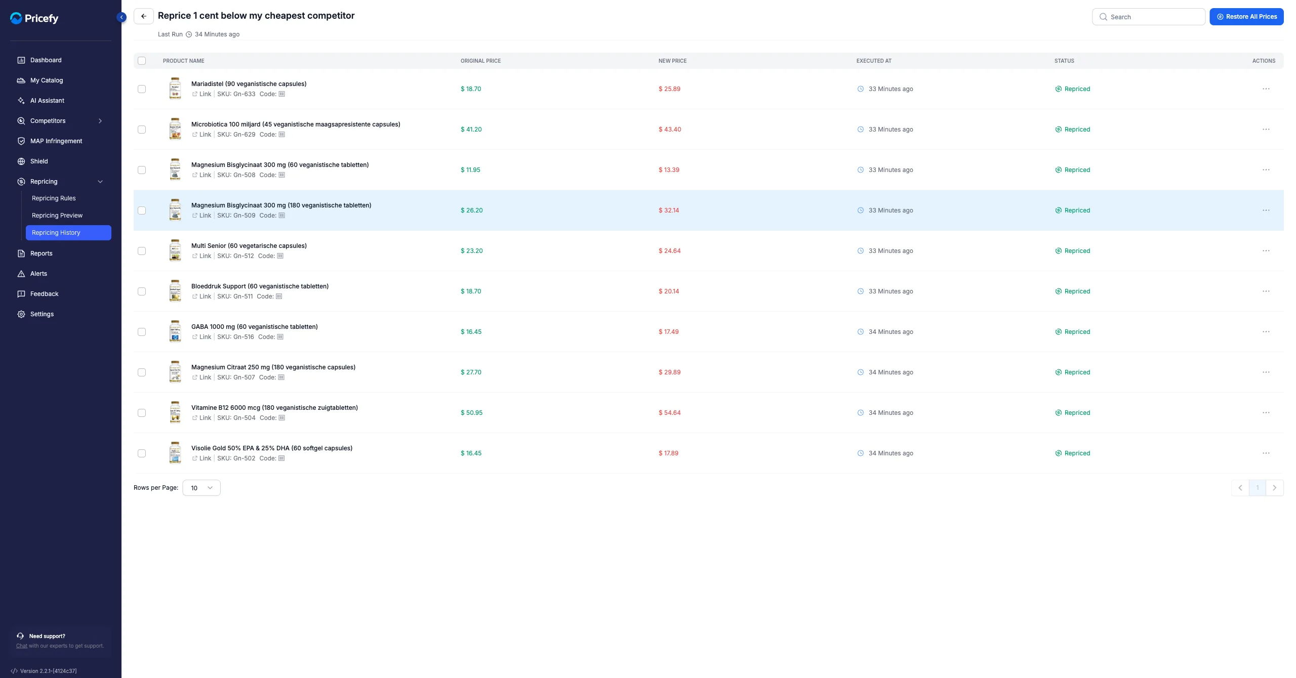 A repricing run's detail page: each product shows its Original Price and the New Price the run applied, with a Restore All Prices button.